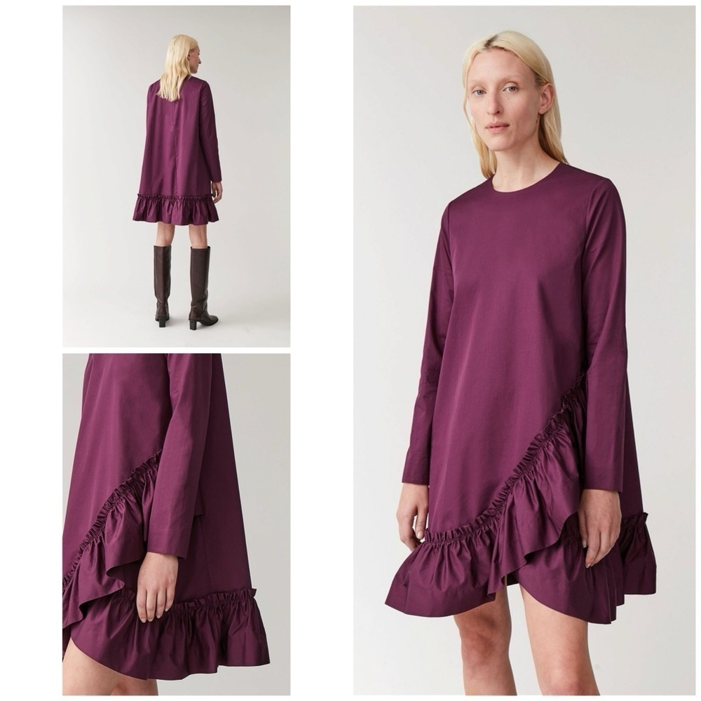 NWT COS Burgundy Purple Ruffled Cotton Shift Long Sleeves Dress 2​​​​